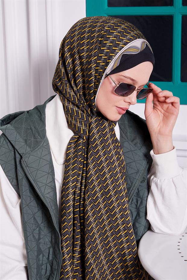 Yağ Yeşili Labirent Desen Royal Şal