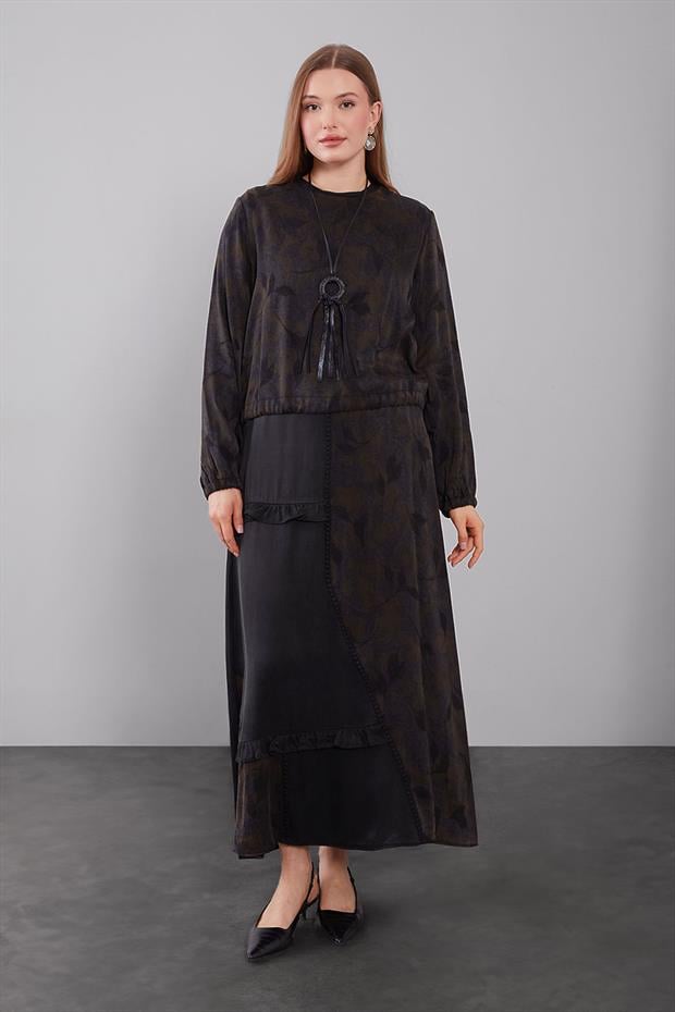 Yağ Yeşili Mini Fırfır Detaylı Cupra Etek Takım