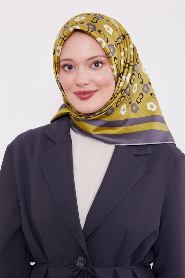 Yağ Yeşili Papatya Desen Twill İpek Eşarp