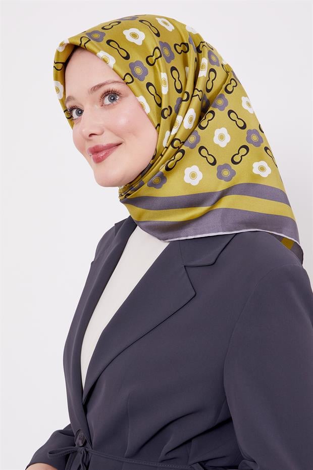 Yağ Yeşili Papatya Desen Twill İpek Eşarp