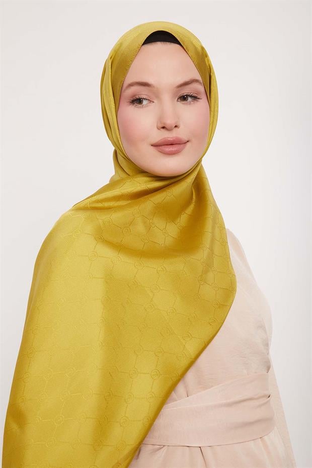 Yağ Yeşili Şerit Detay Monogram İpek Şal