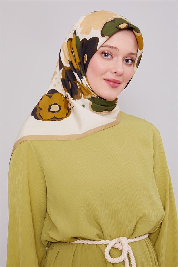 Yağ Yeşili Soyut Çiçek Desen Aura Eşarp