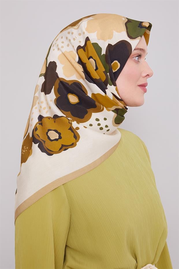 Yağ Yeşili Soyut Çiçek Desen Aura Eşarp