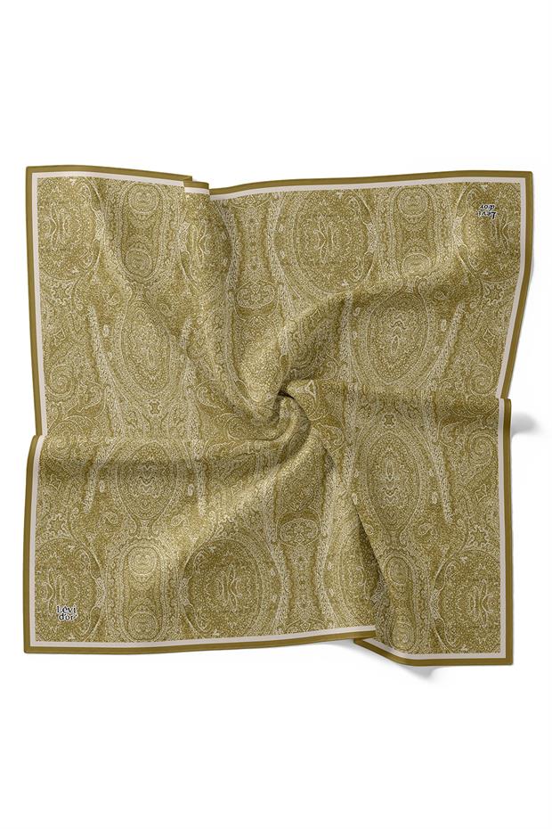 Yağ Yeşili Soyut Etnik Desen Twill İpek Eşarp