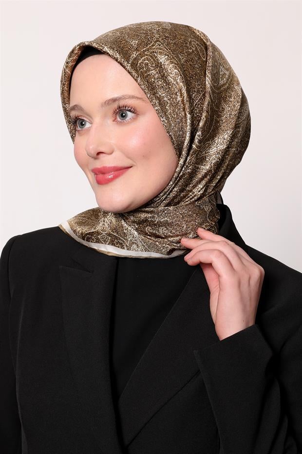 Yağ Yeşili Soyut Etnik Desen Twill İpek Eşarp