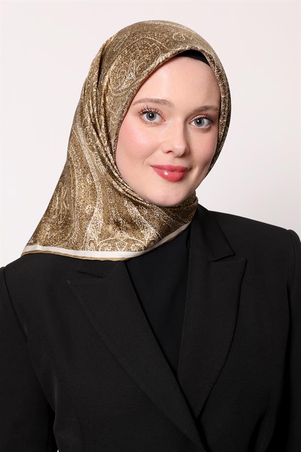 Yağ Yeşili Soyut Etnik Desen Twill İpek Eşarp
