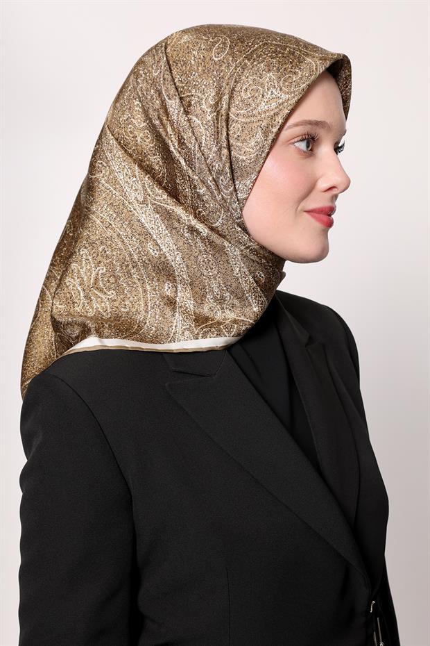 Yağ Yeşili Soyut Etnik Desen Twill İpek Eşarp