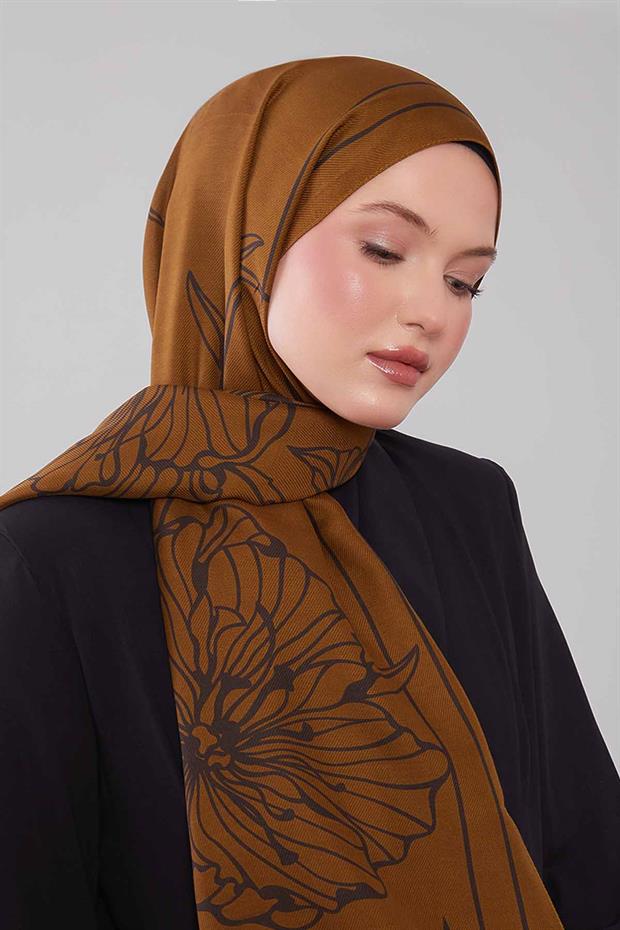 Yağ Yeşili Sümbül Çiçek Desen Yün İpek Şal