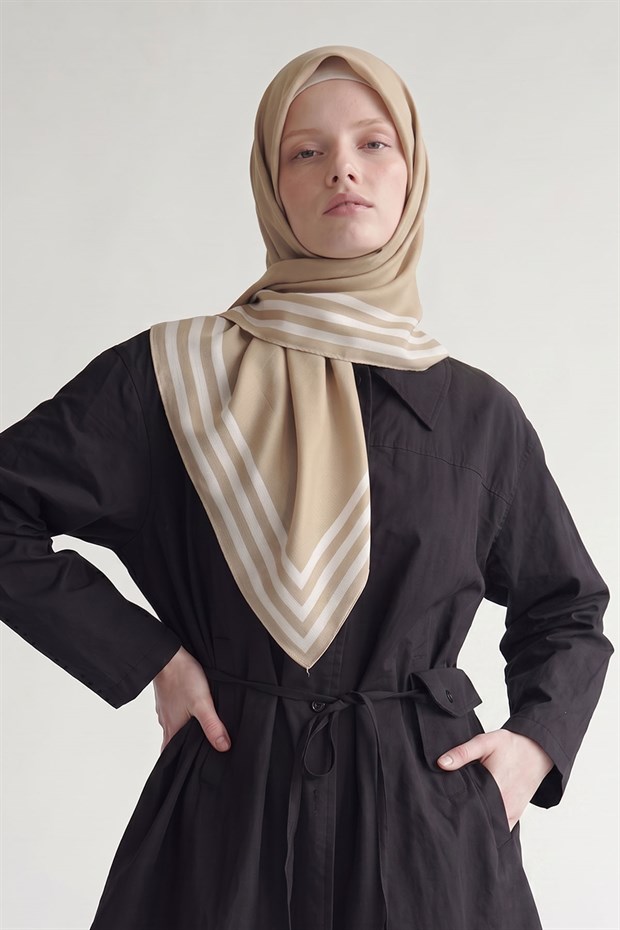 Yağ Yeşili Üç Çizgi Detaylı Twill İpek Eşarp