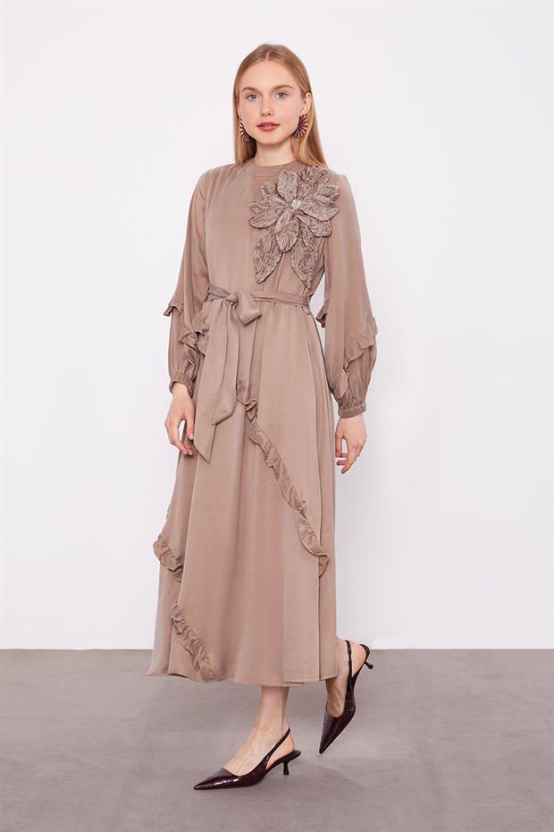 Yağ Yeşili Yakası Çiçek Detaylı Cupra Elbise