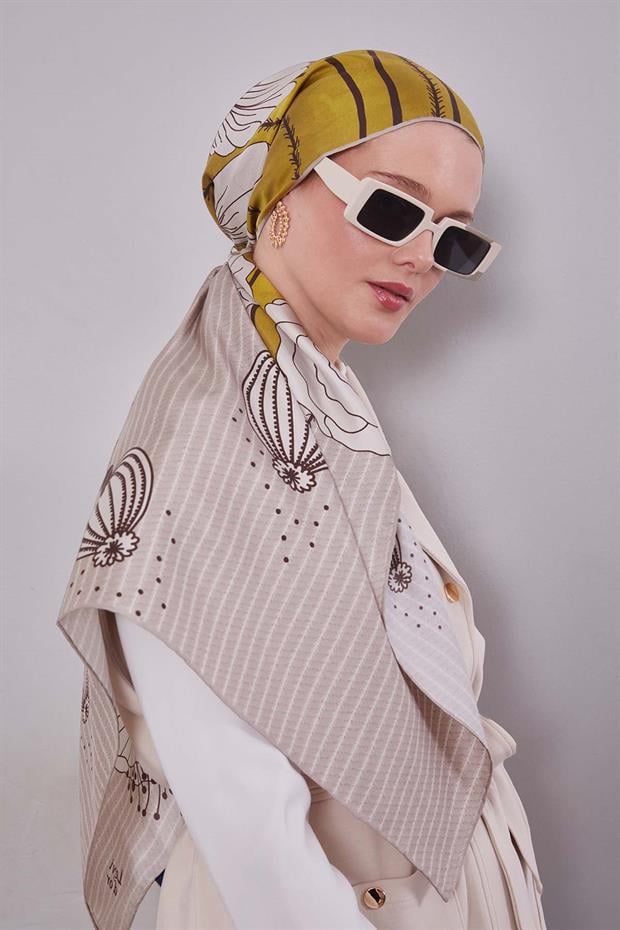 Yağ Yeşili Zambak Çiçek Desen Twill İpek Eşarp