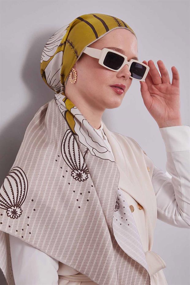 Yağ Yeşili Zambak Çiçek Desen Twill İpek Eşarp