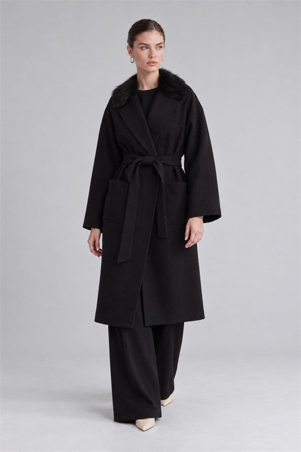 Yakası Küklü Kuşaklı Kaşe Kaban Siyah
