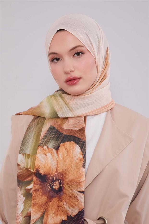 Yavruağzı Çiçekli Çizgili  Pamuk Şal