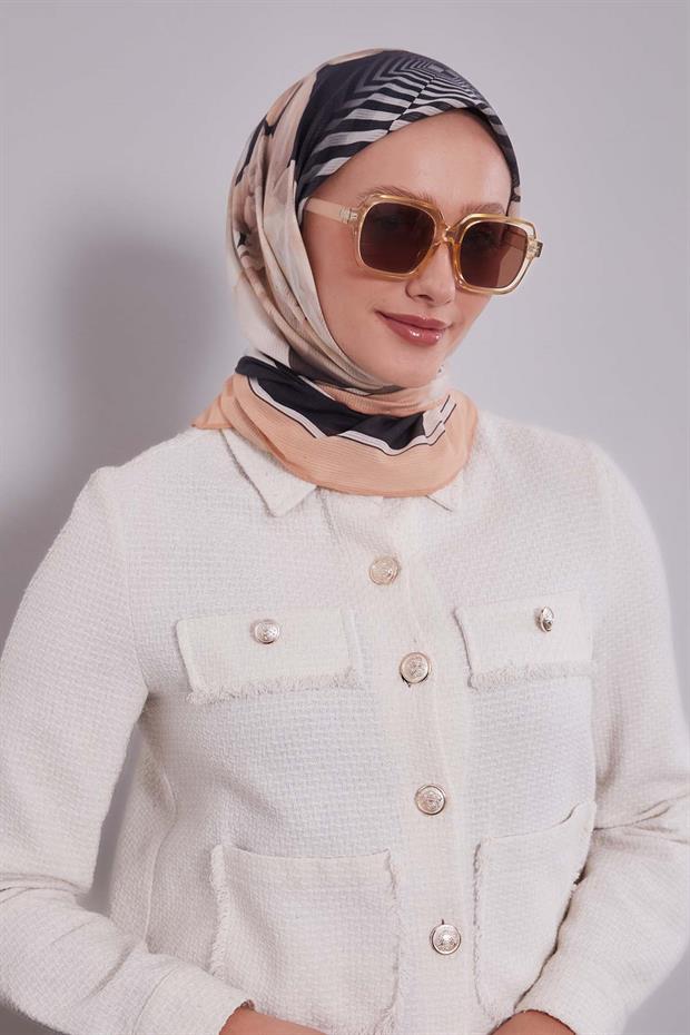 Yavruağzı Çizgili Çiçek Desen Pamuk Eşarp