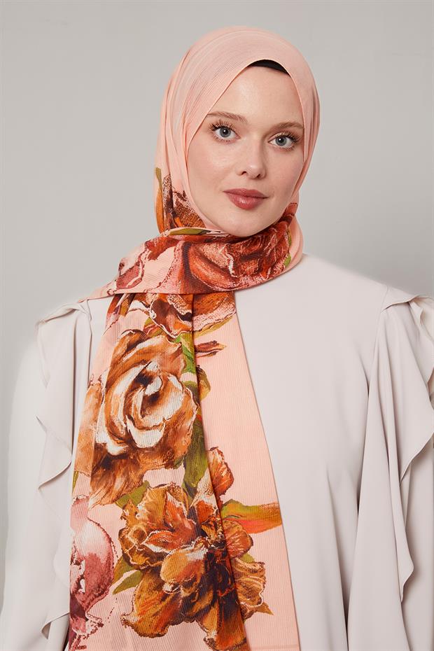 Yavruağzı Gül Desen Pamuk Şal