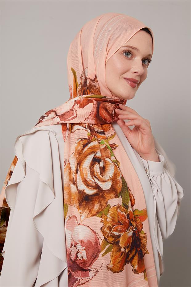Yavruağzı Gül Desen Pamuk Şal