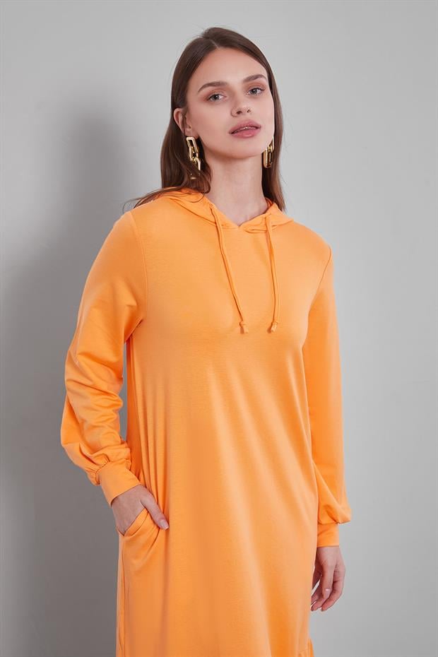 Yavruağzı Kapuşonlu Gizli Cep Detaylı Elbise
