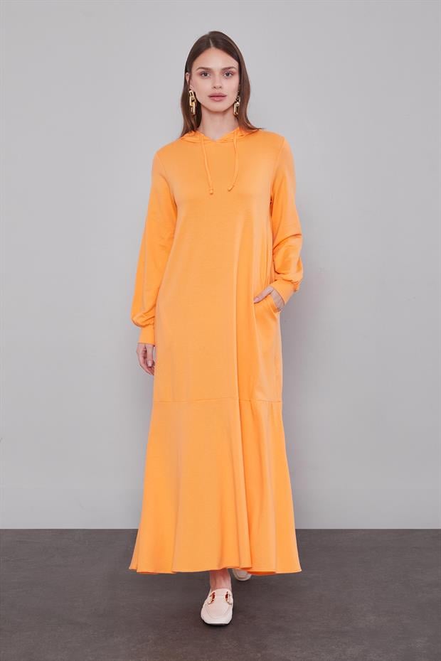 Yavruağzı Kapuşonlu Gizli Cep Detaylı Elbise