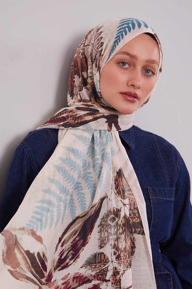 Yavruağzı Yaprak Desen Pamuk Şal