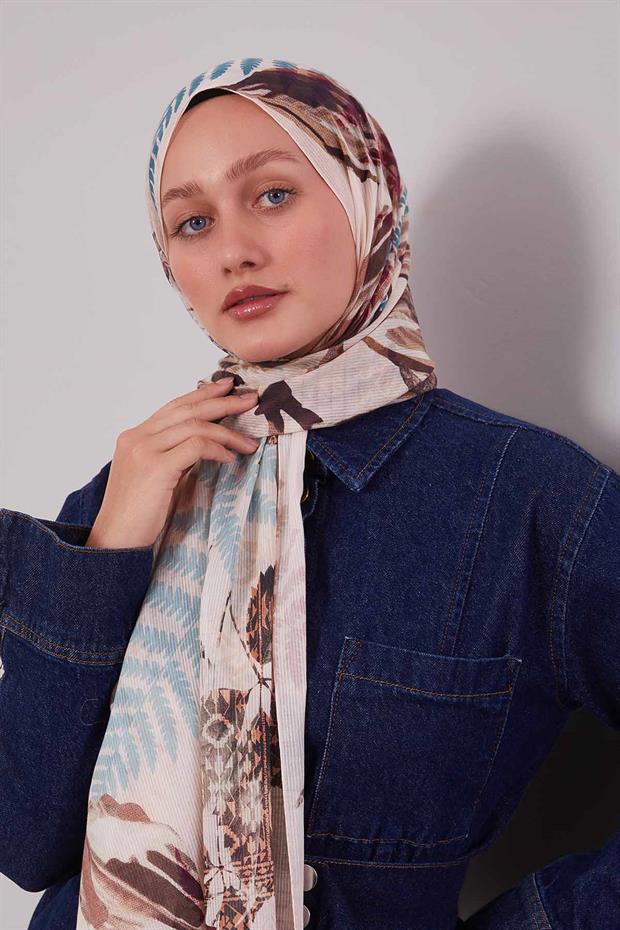 Yavruağzı Yaprak Desen Pamuk Şal