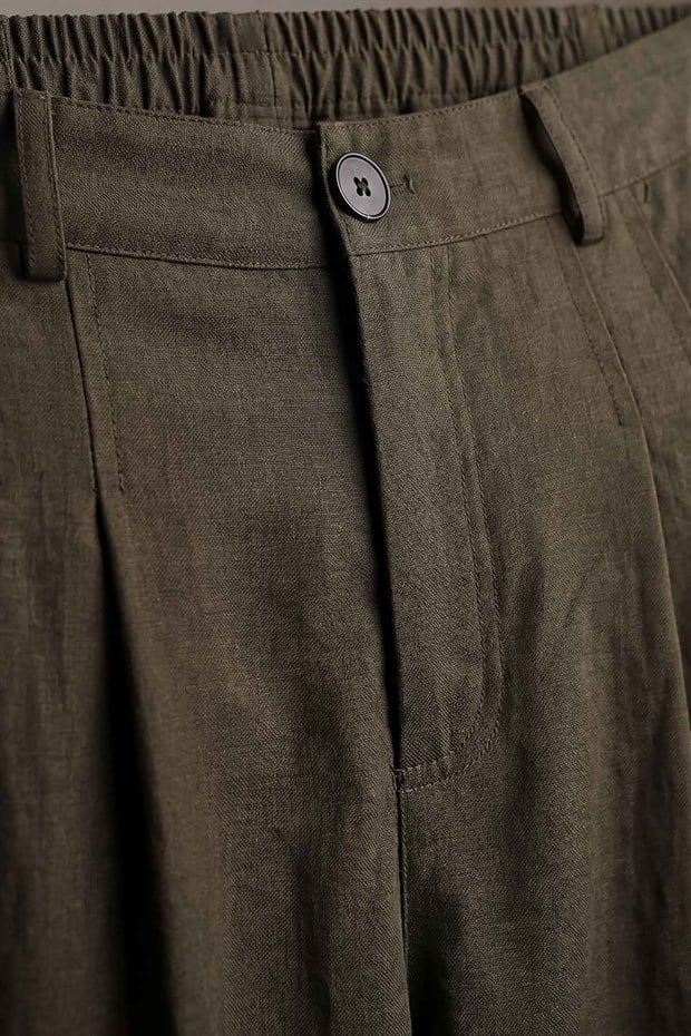 Yeşil Bol Paça Pile Detaylı Pantolon