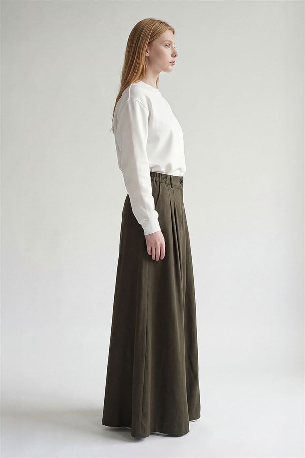 Yeşil Bol Paça Pile Detaylı Pantolon