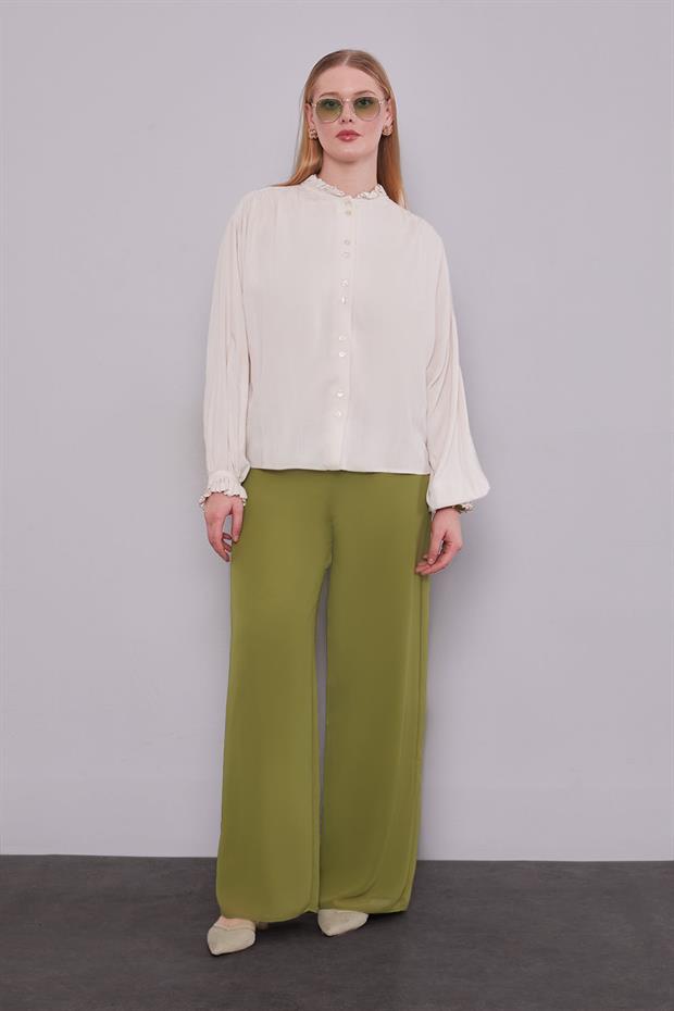 Yeşil Bol Paça Şifon Pantolon