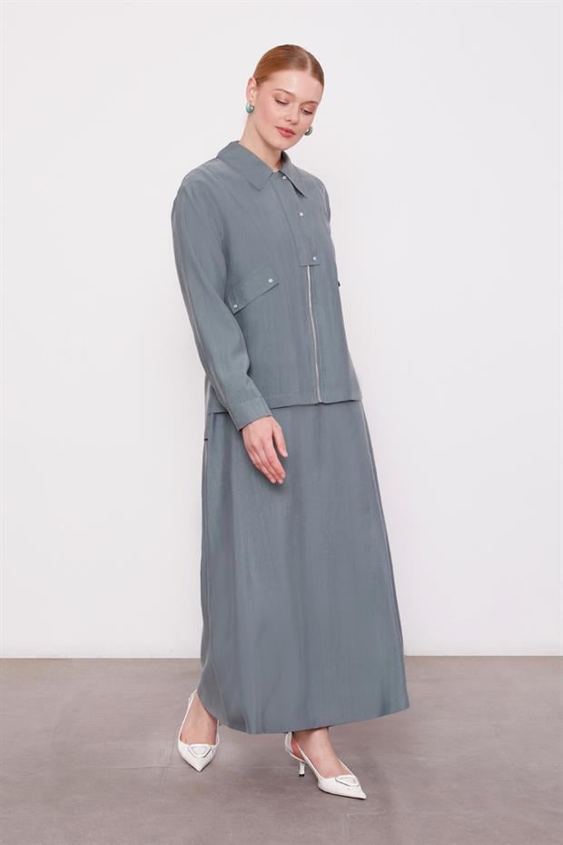 Yeşil Cep Detaylı Fermuarlı Etek Takım