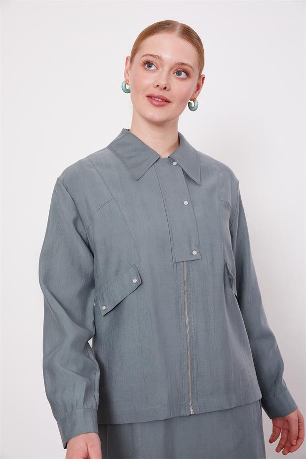 Yeşil Cep Detaylı Fermuarlı Etek Takım