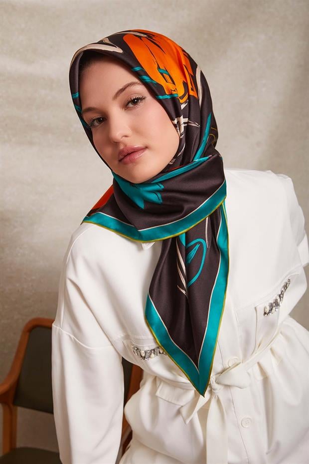 Yeşil Çiçek Desen Twill İpek Eşarp