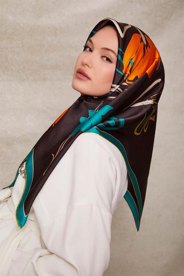 Yeşil Çiçek Desen Twill İpek Eşarp