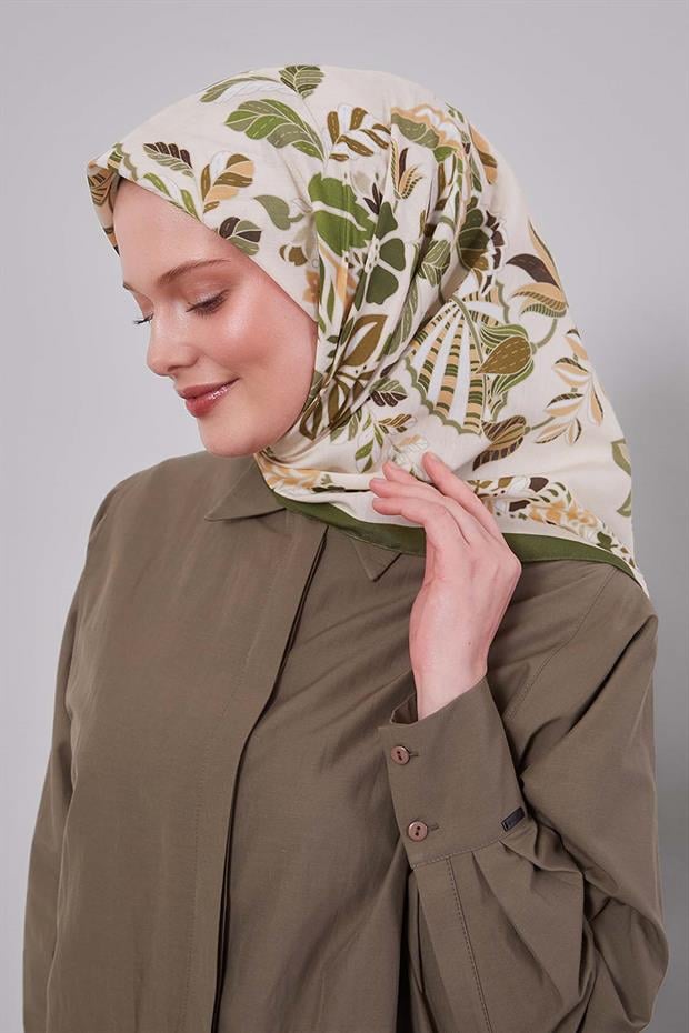 Yeşil Çiçek Yaprak Desen Aura Eşarp