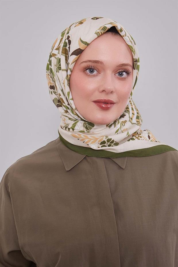 Yeşil Çiçek Yaprak Desen Aura Eşarp