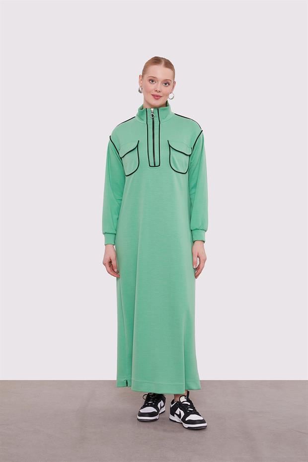 Yeşil Çizgi Cep Detaylı Elbise