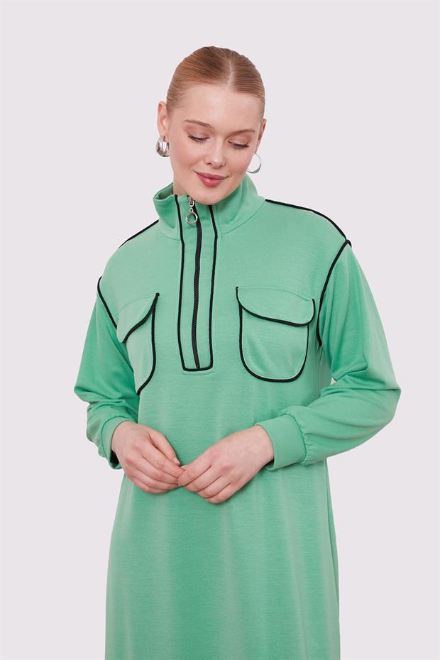 Yeşil Çizgi Cep Detaylı Elbise