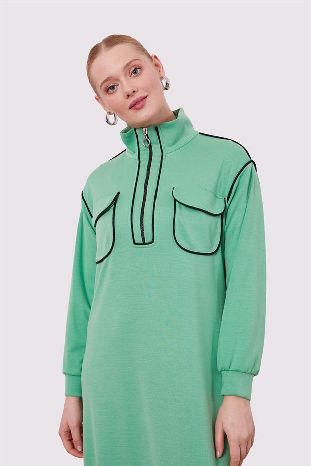 Yeşil Çizgi Cep Detaylı Elbise