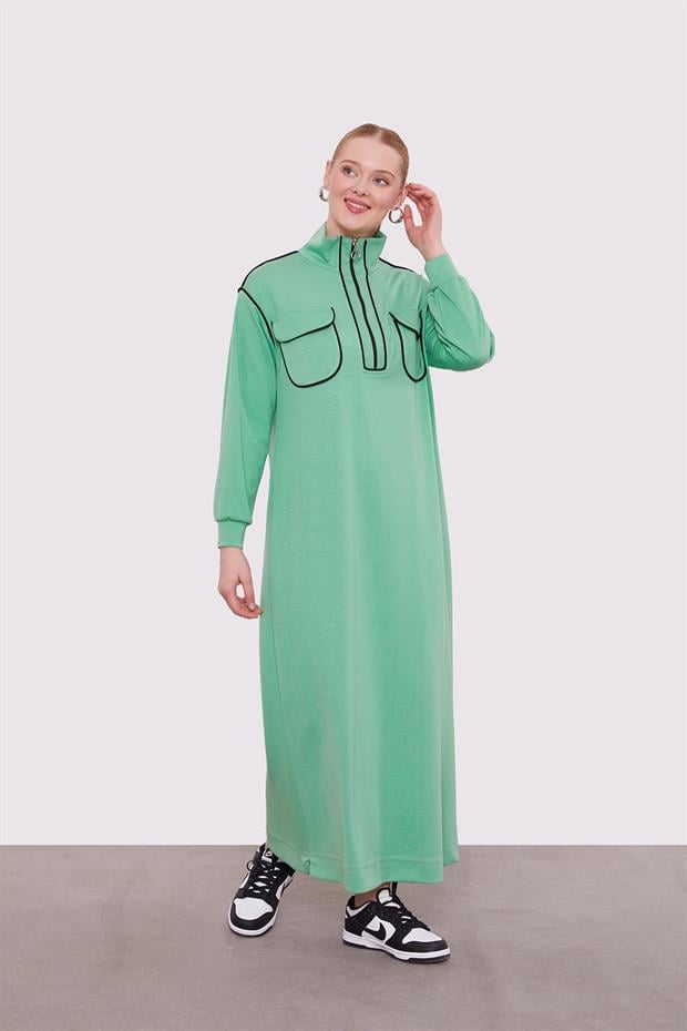 Yeşil Çizgi Cep Detaylı Elbise