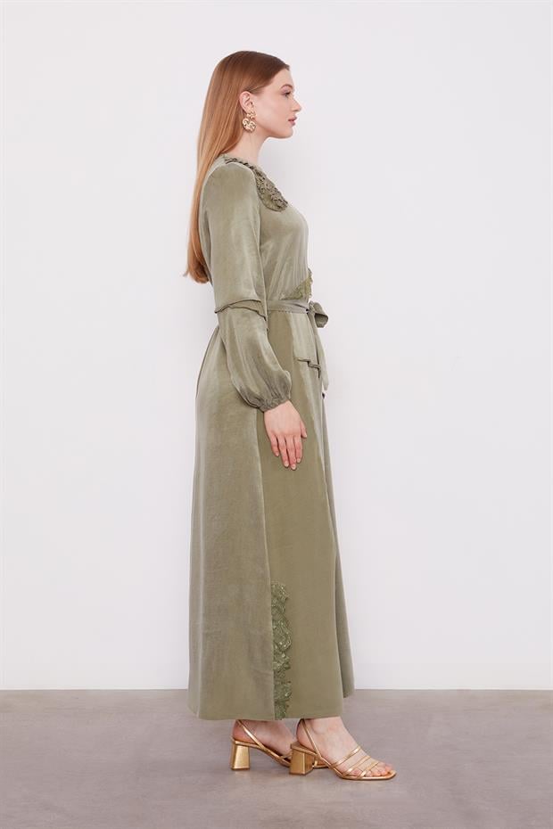 Yeşil Dantel Şeritli Cupra Elbise