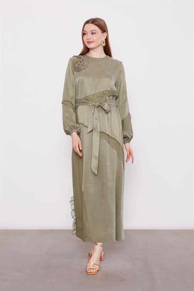 Yeşil Dantel Şeritli Cupra Elbise