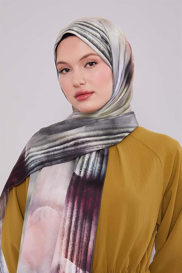 Yeşil Ebruli Desen Twill Şal