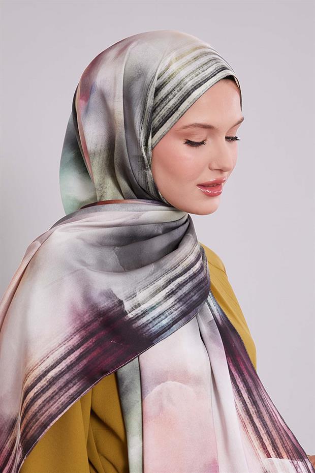 Yeşil Ebruli Desen Twill Şal