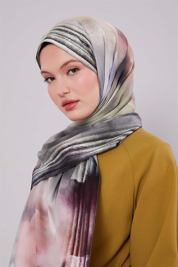 Yeşil Ebruli Desen Twill Şal