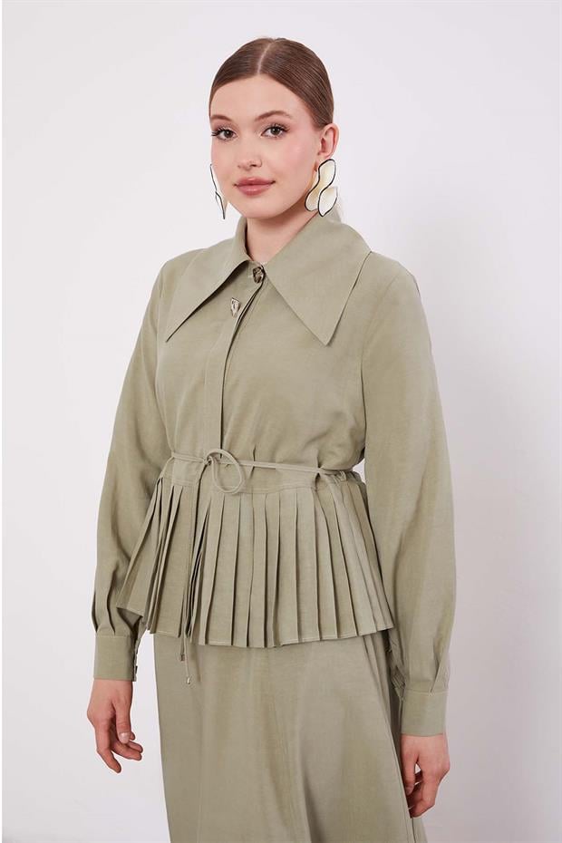 Yeşil Etek Ucu Pileli Cupra Etek Takım