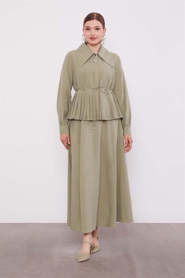 Yeşil Etek Ucu Pileli Cupra Etek Takım