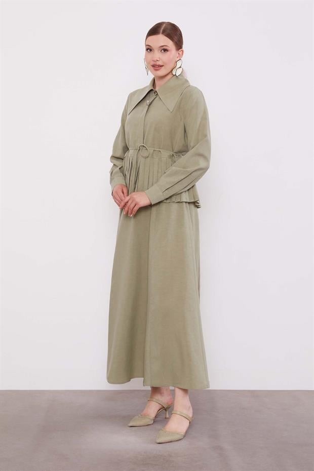 Yeşil Etek Ucu Pileli Cupra Etek Takım