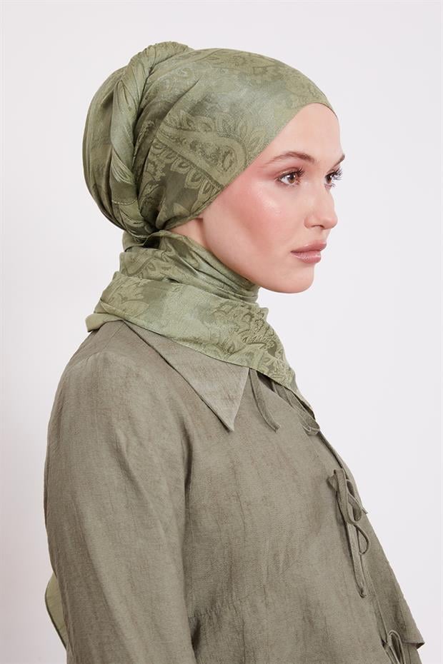 Yeşil Etnik Desen İtalyan Jakar Şal