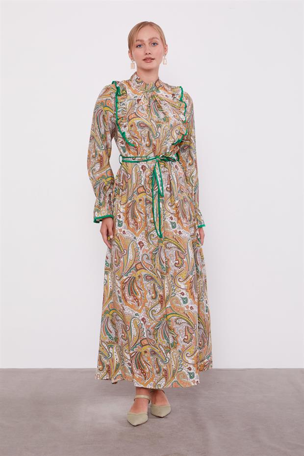 Yeşil Fırfırlı Etnik Desen Elbise