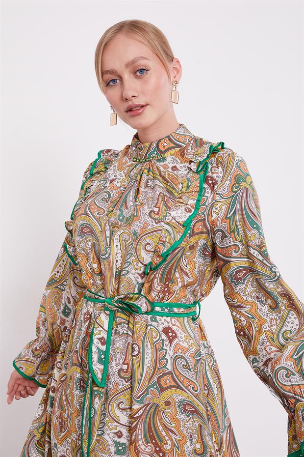 Yeşil Fırfırlı Etnik Desen Elbise