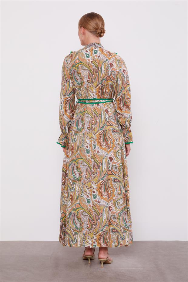 Yeşil Fırfırlı Etnik Desen Elbise